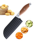 Front view of brown-handle stainless steel crinkle cutter for vegetables and fries