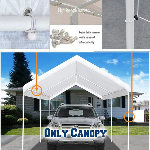 Ten By Twenty Foot Upgraded Carport Canopy Cover Replacement Top Only White Waterproof Heavy Duty PE Fabric with Ball Bungees