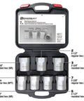 Wheel Bearing Locknut Socket Set for DIY Pros in storage case, 7-piece remover toolkit with regular and rounded hex sockets.