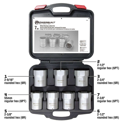 Wheel Bearing Locknut Socket Set for DIY Pros in storage case, 7-piece remover toolkit with regular and rounded hex sockets.