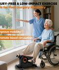 Senior woman in a wheelchair using Electric Pedal Exerciser For Home Gym Rehab And Senior Fitness, assisted by a caregiver.