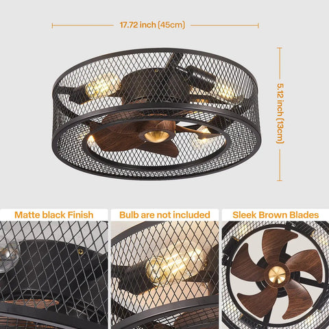 Flush Mount Caged Ceiling Fan With Lights And Remote Control, Farmhouse Bladeless Style Low Profile Ceiling Fan with sleek brown blades