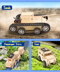 Tank, passenger train, and jeep models from 6-In-1 STEM Kit For Kids Ages 8-12, Totally Cool Educational Toys For Boys And Girls, Wooden Building Kit