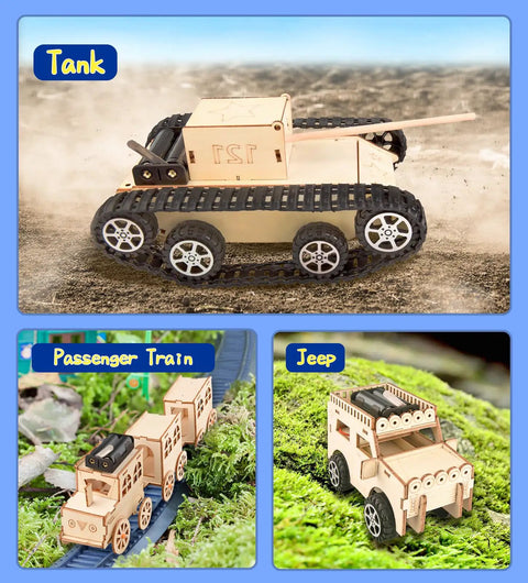 Tank, passenger train, and jeep models from 6-In-1 STEM Kit For Kids Ages 8-12, Totally Cool Educational Toys For Boys And Girls, Wooden Building Kit