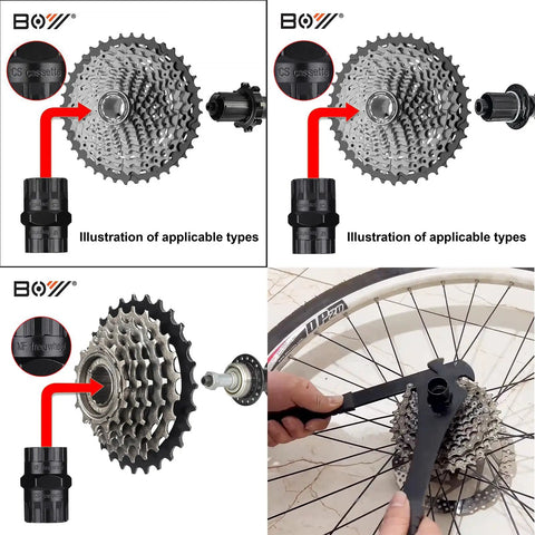 All In One 6 In 1 Bike Repair Tool Set For Maintenance With Freewheel And Cassette Lockring Removal displayed with cassettes