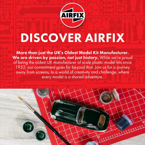 Discover Airfix promotional image highlighting passion in scale plastic model manufacturing since 1952, displaying paint and model tools.