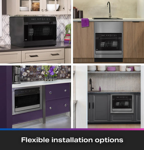 Compact Countertop Dishwasher With Smart Wifi Connectivity Six Wash Cycles Energy Star displayed in various kitchen styles.