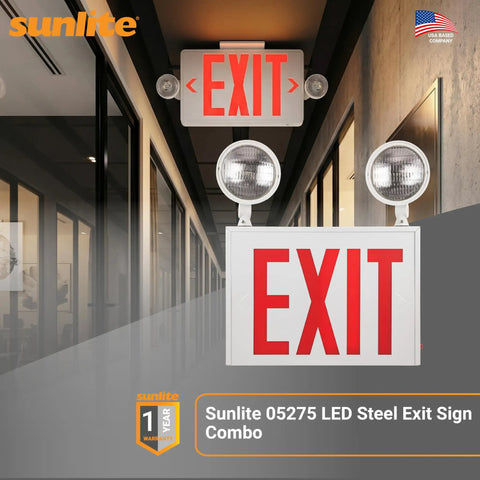 LED Exit Sign Combo With Steel Housing And Red Lettering, 90-Min Battery Back-Up, Dual 360 Degree Adjustable Heads, 200 Lumens, 120-277V, Fire Safety, NYC Compliant