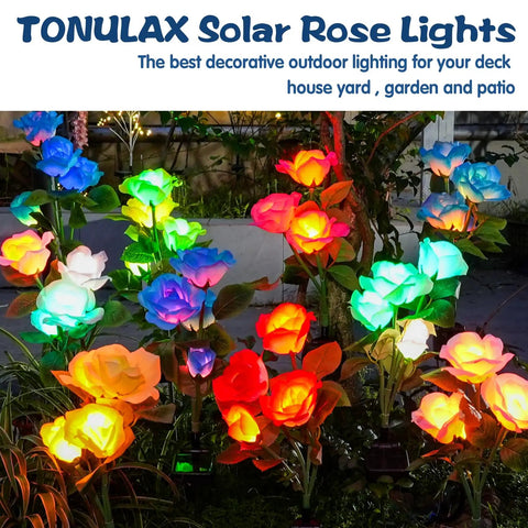 Vibrant 7-color changing solar rose garden lights for outdoor decor illuminating yard and patio, featuring enlarged solar panel.