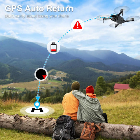 Grab And Go Foldable 2K HD Camera Drone With GPS Auto Return flying over scenic landscape with two people sitting on log.