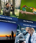 Collage of outdoor traveling, bird watching, astronomical observation, and scientific research using 64GB WiFi Telescope Eyepiece Cam