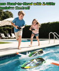 Amped Up Turbo Charged RC Speed Boat With LED Lights racing in pool, 2.4GHz remote controls, kids playing outdoors, summer fun.