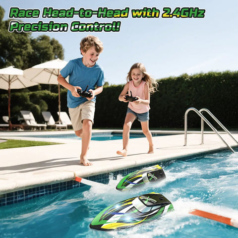 Amped Up Turbo Charged RC Speed Boat With LED Lights racing in pool, 2.4GHz remote controls, kids playing outdoors, summer fun.