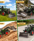 Remote Control Tractor Toy One Twenty Fourth Scale For Kids Ages 3 To 9 with Lights and Sounds, on grass, dirt, sand, and flat surfaces.