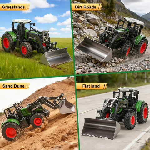 Remote Control Tractor Toy One Twenty Fourth Scale For Kids Ages 3 To 9 with Lights and Sounds, on grass, dirt, sand, and flat surfaces.