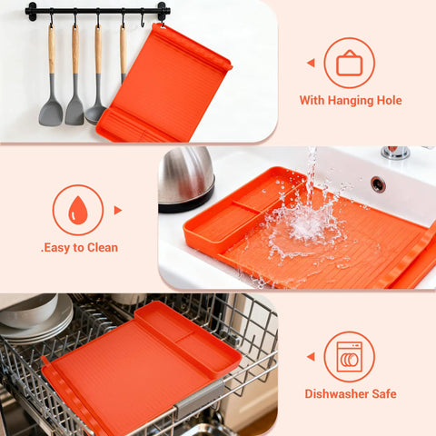 Silicone Grill Mat For Blackstone 16x11.5 Inch Non Slip Tool Mat with hanging hole, easy to clean, dishwasher safe in orange.