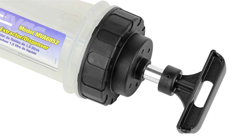 Mityvac MVA6852 1.5L fluid evacuator with twist-valve, close-up view of plunger and handle
