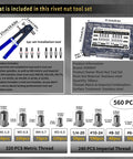 560 Piece Stainless Steel Rivet Nut Kit With Manual Rivet Nut Tool, Eight Metric And SAE Thread Sizes, 304 Stainless Rivet Nuts