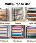 Solid Heavy Duty Adjustable Metal Fabric Roll Storage Rack Featuring Twenty Sturdy Crossbars displaying various textiles for multipurpose use.