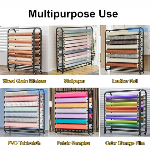 Solid Heavy Duty Adjustable Metal Fabric Roll Storage Rack Featuring Twenty Sturdy Crossbars displaying various textiles for multipurpose use.