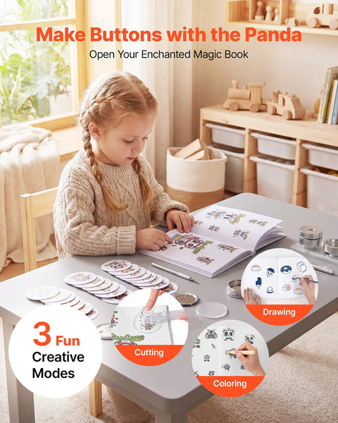 Child using Heavy Hitter 2.25 Button Maker Machine With Solid Steel Mold And Comfort Grip, Complete 100 Pc Pin Component Kit.