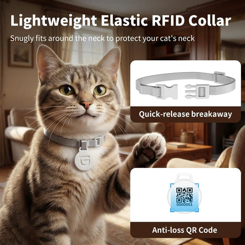 RFID Enabled Cat Feeder With Collar Tag And No Fuss App Control, 4.6L Capacity, cat wearing RFID collar with QR code