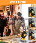 Cordless 5 Inch Job Site Fan With Brushless Motor, featured with three speed settings, in a workshop setting.