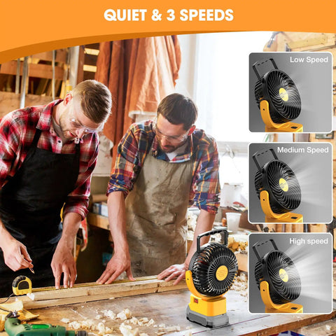 Cordless 5 Inch Job Site Fan With Brushless Motor, featured with three speed settings, in a workshop setting.