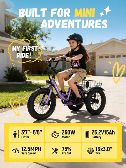 Kid Friendly 3 Wheel Electric Trike With Fat 16x3.0 Tires Folding Frame 378Wh Battery 500W Peak Motor Step Thru Design Safe 12.5 MPH For Beginners Ages 6 Plus Purple, side view with child rider