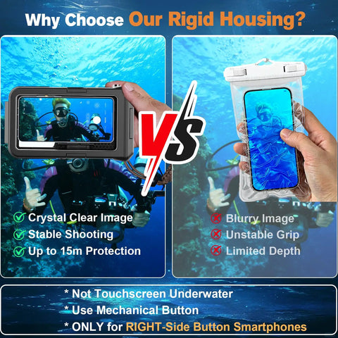 Comparison of underwater housing for Galaxy S24-S26, aluminum on left with scuba diver view; phone in sleeve on right, both underwater.