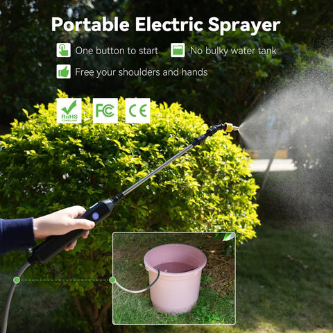 Electric Garden Sprayer Portable Battery Powered Watering Wand With Telescopic Handle No Manual Pump in use on bushes