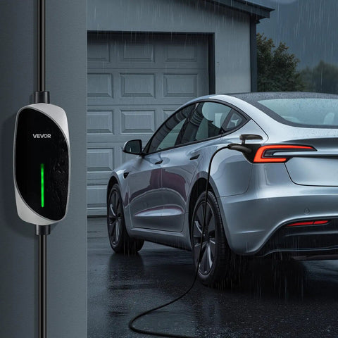 Tesla Level 1 2 Portable EV Charger 16 Amp With 25 Ft Cable plugged into a grey Tesla in light rain, charging at garage.