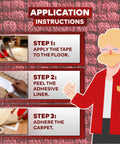 Application instructions for Heavy Duty Double Sided Carpet Tape For Hardwood Floors 2 Inch By 10 Yards No Residue Silicone Adhesive Rug Tape