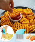 Three-piece waffle fry cutter set, front view, stainless steel blades and blue handle, with crinkle-cut fries