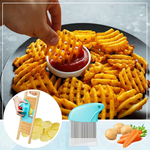 Three-piece waffle fry cutter set, front view, stainless steel blades and blue handle, with crinkle-cut fries