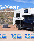 50 Watt Monocrystalline Solar Panel Delivers 22 Percent High Efficiency Straight To Your Setup shown beside an RV in a desert setting.