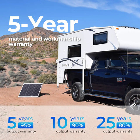 50 Watt Monocrystalline Solar Panel Delivers 22 Percent High Efficiency Straight To Your Setup shown beside an RV in a desert setting.