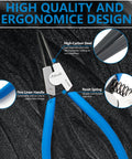 Close-up view of high-carbon steel snap ring pliers with blue handles, labeled features, and ergonomic design text background.