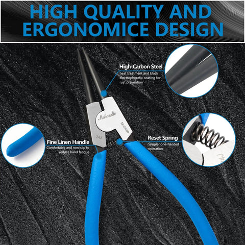 Close-up view of high-carbon steel snap ring pliers with blue handles, labeled features, and ergonomic design text background.