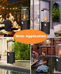 Beast 41,000 BTU Propane Patio Heater With Weatherproof Cover Lockable Wheels Adjustable Feet Tempered Glass Tube CSA Certified Outdoor Heater For Garden Porch And Deck Long Reach Heating Up To 13 Feet shown in various outdoor settings.