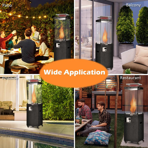 Beast 41,000 BTU Propane Patio Heater With Weatherproof Cover Lockable Wheels Adjustable Feet Tempered Glass Tube CSA Certified Outdoor Heater For Garden Porch And Deck Long Reach Heating Up To 13 Feet shown in various outdoor settings.