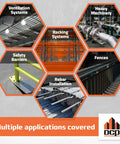 Multiple applications graphic showing ventilation, racking, heavy machinery, safety barriers, fences, and rebar installation