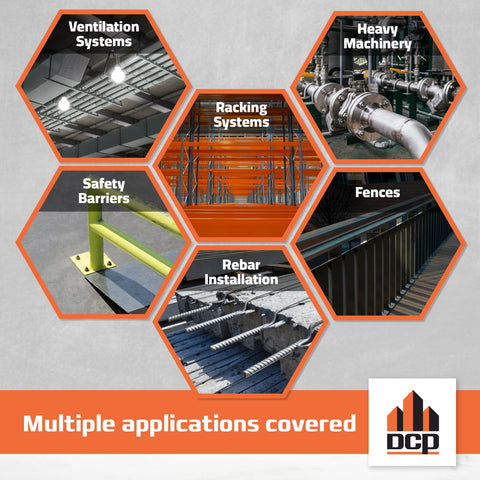 Graphic displaying multiple applications for Heavy Duty Concrete Epoxy Anchoring System For Rebar And Threaded Rods AE15.