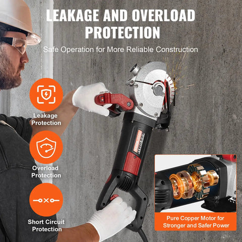 Professional using Powerful 4800W Wall Chaser With Laser Guide 6500 RPM For Concrete Grooving showing leakage and overload protection.