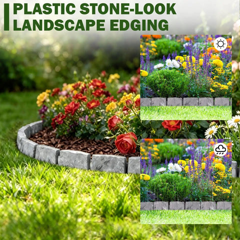 Faux Stone Look Landscape Edging Border 17Ft Long, 2.75In Tall installed around flower bed, gray edging visible.