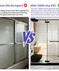 Heavy Duty Shower Door Bumpers And Sliding Glass Door Guides, Tough As Nails anti-collision stoppers preventing damage in comparison images.