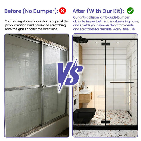 Heavy Duty Shower Door Bumpers And Sliding Glass Door Guides, Tough As Nails anti-collision stoppers preventing damage in comparison images.