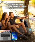 Couple using Solar Powered Camping Fan With Led Lantern 7W Panel 10400mAh Rechargeable Battery Quiet Outdoor Tent Fan Works While Charging