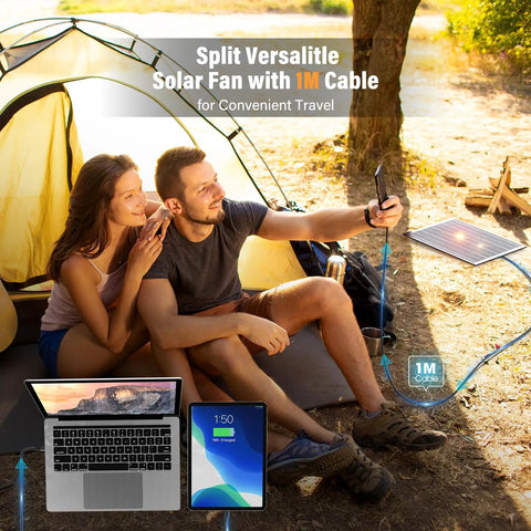Couple using Solar Powered Camping Fan With Led Lantern 7W Panel 10400mAh Rechargeable Battery Quiet Outdoor Tent Fan Works While Charging