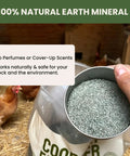 Hand holding cup of 100% natural earth mineral beside all natural chicken coop odor eliminator and moisture absorber bag